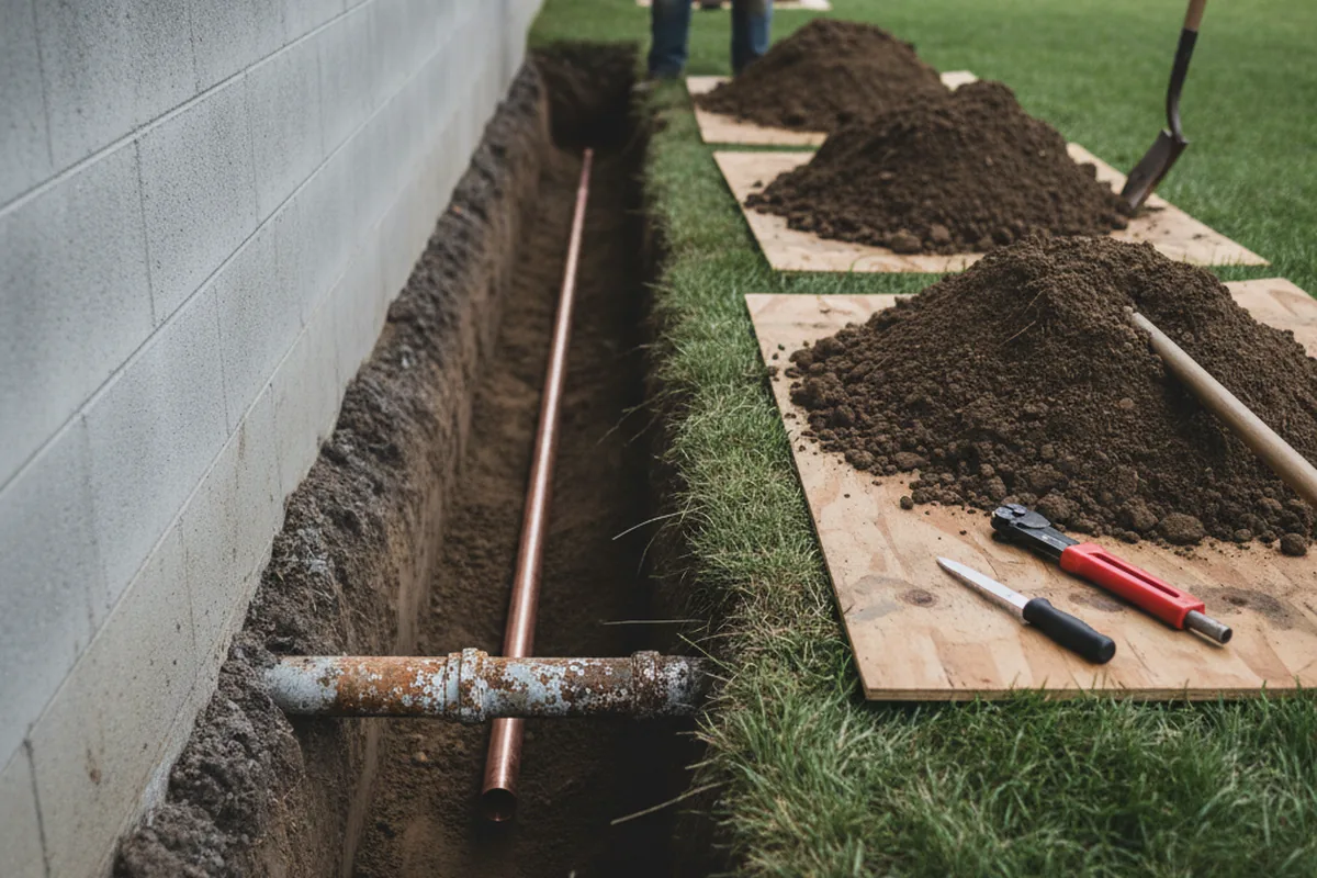 Excavated water line trench during Sewer Line Repair in Mayo